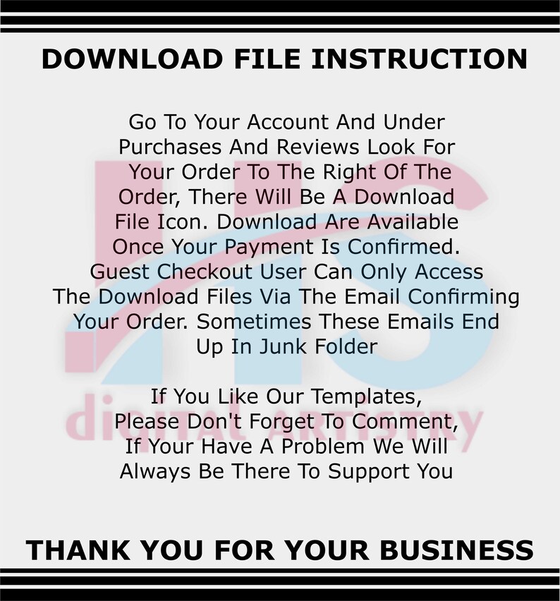 Puede incluir: Un fondo blanco con texto negro que proporciona instrucciones sobre c&oacute;mo descargar un archivo despu&eacute;s de la compra. El texto incluye los pasos para encontrar el icono de descarga y acceder a los archivos. La imagen tambi&eacute;n incluye un mensaje de agradecimiento.