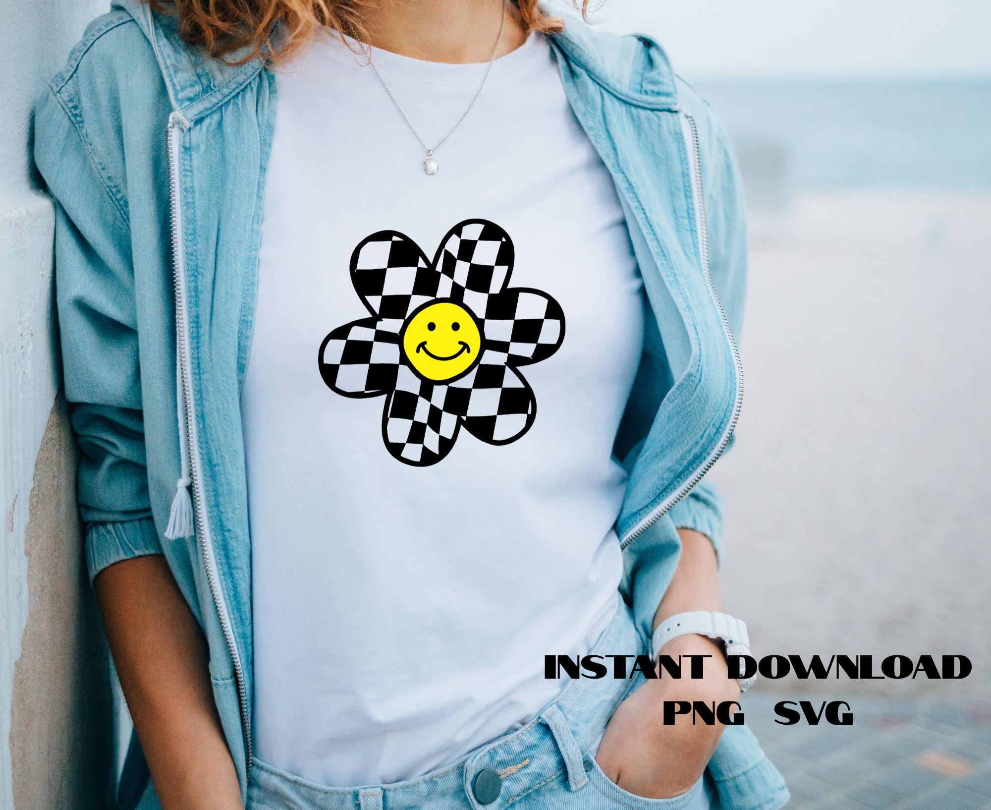 Retro Smiley Face PNG & SVG: Checkered Flower Design (digital