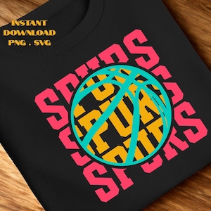 May include: Black sweatshirt with a basketball graphic. The word "SPURS" is in pink, surrounding a teal and yellow basketball. The text "INSTANT DOWNLOAD PNG . SVG" is in the upper left corner.