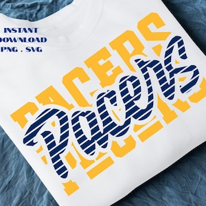 May include: White t-shirt with the text "Pacers Powns" in yellow and navy blue. The word "Pacers" is in a block font, and "Powns" is in a script font with diagonal stripes. The words "Instant Download PNG. SVG" are in navy blue.