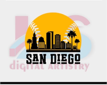San Diego Baseball Skyline PNG SVG|Chicago Baseball Skyline T-Shirt Sublimacja Cyfrowy Plik Do Pobrania | Czarno-Złote Logo Skyline