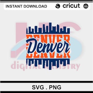 Ligne d'horizon du football de Denver PNG SVG | Téléchargement de fichier numérique de sublimation de T-shirt d'horizon de Bronco | Logo Cricut bleu orange avec ligne d'horizon de plusieurs kilomètres de la ville
