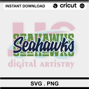 Puede incluir: Dise&ntilde;o digital con el logotipo de los Seattle Seahawks en azul marino y verde, con la palabra "Seahawks" en una fuente estilizada. El dise&ntilde;o incluye el texto "digital artistry" y "SVG . PNG".
