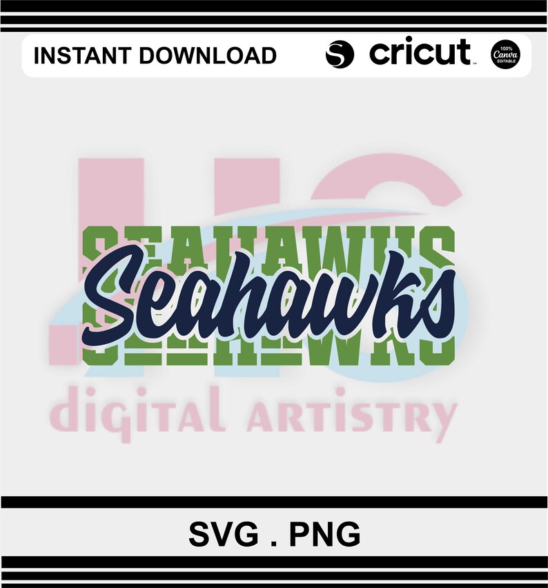 Puede incluir: Dise&ntilde;o digital con el logotipo de los Seattle Seahawks en azul marino y verde, con la palabra "Seahawks" en una fuente estilizada. El dise&ntilde;o incluye el texto "digital artistry" y "SVG . PNG".
