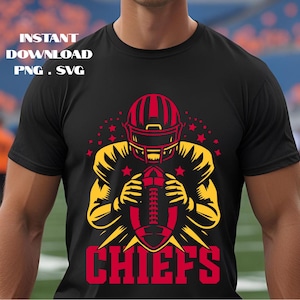 May include: Black t-shirt featuring a football player graphic in red and yellow, holding a football. The word "CHIEFS" is printed in red at the bottom. The text "INSTANT DOWNLOAD PNG . SVG" is at the top.
