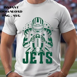 May include: White t-shirt with a green graphic of a football player holding a football, with the word "JETS" in green block letters. The design includes stars and a football helmet. The words "INSTANT DOWNLOAD PNG. SVG" are at the top.