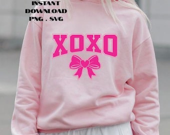 XOXO Coquette Heart SVG PNG: Koszulka z napisem Valentines Kisses Hugs (pobieranie cyfrowe)