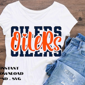 May include: White V-neck t-shirt featuring the word "Oilers" in orange script over a navy blue block letter design. The shirt is paired with blue jeans. Text at the bottom reads "INSTANT DOWNLOAD PND . SVG".