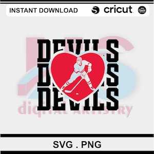 Könnte beinhalten: Digitales Design mit dem Wort "DEVILS" in Schwarz, einem roten Herz mit einer Hockey-Spieler-Grafik und dem Wort "SSS". Das Design enthält "SVG.PNG" am unteren Rand. Geeignet für digitale Kunst.