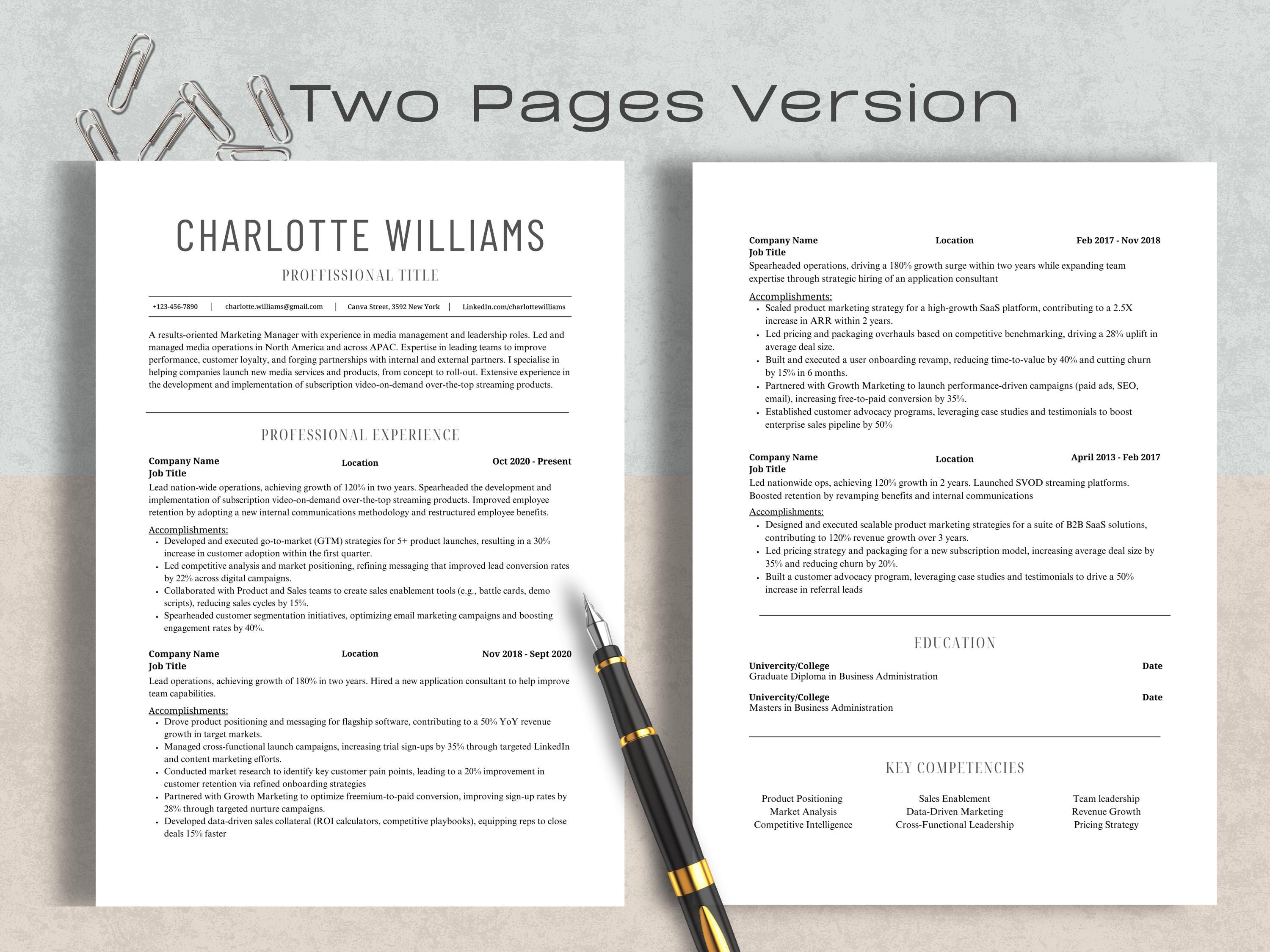 ATS Resume Template Editable Canva Modern Professional CV Design for
