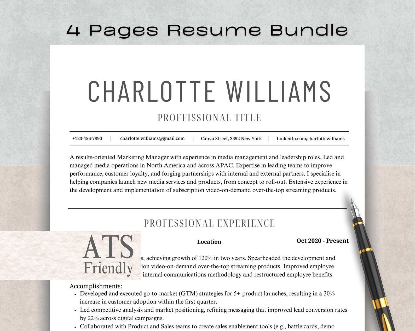 ATS Resume Template Editable Canva Modern Professional CV Design for ...