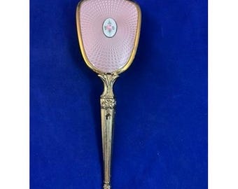 Vintage 1950-tals rosa guillocherad emaljhårborste blommig fåfänga guldton