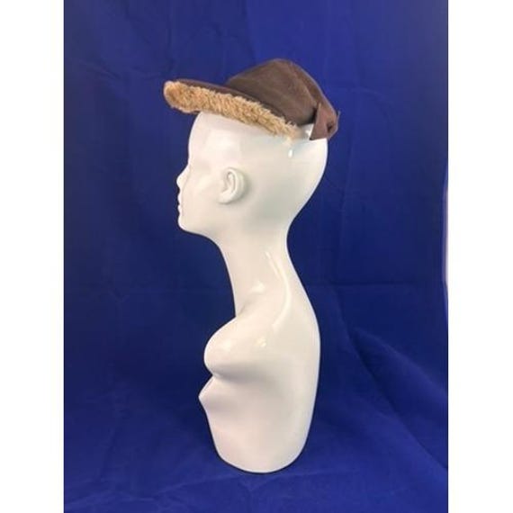 Vintage 1940s Brown Felt Hat Fur Trim Tilt Cap Women's Winter Hat