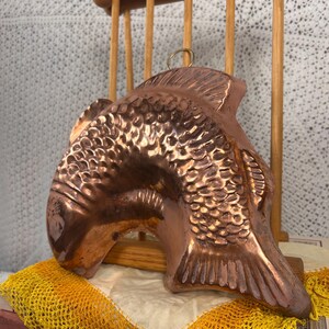 Vintage Copper Fish Gelatin Mold — Wall Hanging Kitchen Decor with Shiny Tin Interior, 1970s Folk Nautical Charm