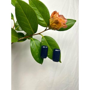 May include: A pair of dark blue rectangular earrings with rounded corners. The earrings are displayed on a green leafy branch with a peach-colored flower against a white background.