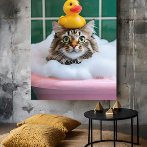 Wall Art, Cat Print, Pink Tub Decor, Surprised Cat, Duck On Head Art, Bathroom Wall Decor, Cute Animal Art, Gift For Her