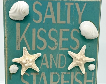 Salty Kisses and Starfish Wishes, Seashell Embellished Box Sign, Coastal, Beach, Nautical, Home Decor, All Occasion Gift