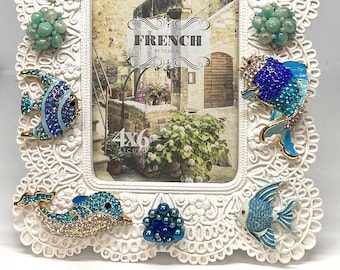 Stunning White, Ocean Inspired Jewelry Picture Frame, Beach, Ocean, Coastal, Nautical, Home Decor, All Occasion Gift