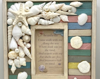 Absolutely Beautiful Seashell Picture Frame With Multicolor Slats, Coastal, Beach, Nautical, Seaside, Home Decor, All Occasion Gift