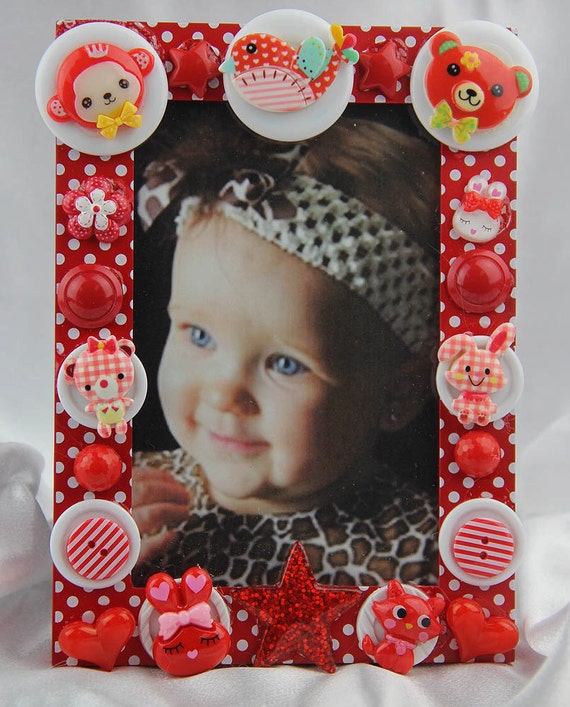 Children S Red Polka Dot Button Picture Frame Birthday Etsy