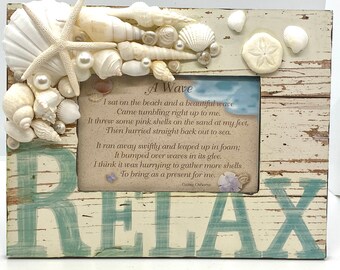 Relax, Seashell Embellished Picture Frame, Coastal Decor, Beach, Nautical, Seaside, Home Decor, All Occasion Gift