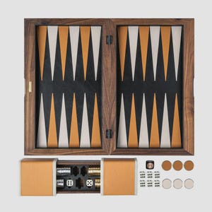 May include: A wooden backgammon set with a dark brown frame and a playing surface featuring alternating orange, white, and black triangles. The set includes dice, doubling cube, and playing pieces in a matching tan leather case.