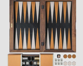 May include: A wooden backgammon set with a dark brown frame and a playing surface featuring alternating orange, white, and black triangles. The set includes dice, doubling cube, and playing pieces in a matching tan leather case.