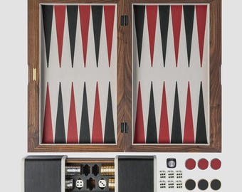 Premium Wooden Backgammon Set – Black & Red Design with Brass Checkers  Vegan Leather Case | Luxury Board Game Gift for Men Women Him Her