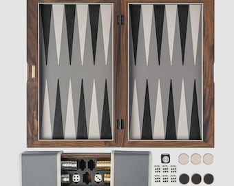 Luxury Handcrafted Backgammon Set – Solid Wood Game Board with Brass Checkers, Dice Shakers Vegan Leather Storage Case, Gift for Him & Her