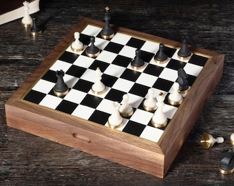 Premium Walnut Leather Chess Set – Handmade Luxury Chess Board with Resin-Brass Pieces, Custom Chess Gift for Him, Elegant Home Decor
