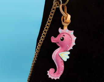 Handmade SEAHORSE Leather Bag Charm, Ocean Animal Keychain, Gift for Him Her , Ocean Lover Gift, Cute Bag Accessory