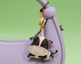 Handcrafted DAIRY COW Leather Charm, Cute Animal Keychain, Purse Charm, Bag Charm, Gift For Her Him, Birthday Gift
