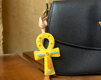 Handmade ANKH Leather Bag Charm, Handmade Ancient Egypt Keychain, Ankh Pendant Purse/Bag/ Handbag Accessory, Unique FORTUNE Gift For Him Her