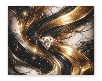 Tela abstrata com redemoinhos dourados e diamantes