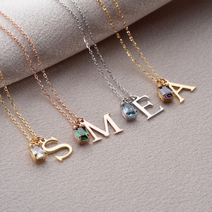 14K Solid Gold Birthstone Initial Necklace, Birthday Gift for Her, Personalized Necklace, Birthstone Necklace Bridesmaid Gifts
