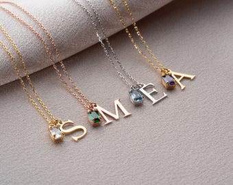 Gold Birthstone with Custom Initial Necklace, Birthday Gift for Her, Personalized Necklace, Birthstone Necklace Christmas Gifts