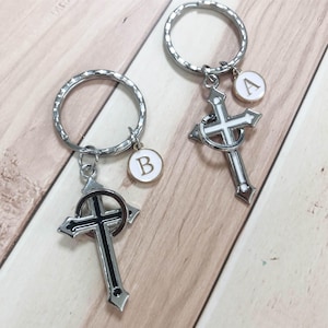 Vintage Cross Keyring,Catholic Cross Keychain,SMALL Cross Prayer Keyring,Handmade Personalized Initial Pendant Car Key Holder for Women Men