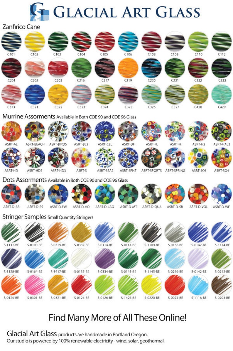 Puede incluir: Muestras de productos de Glacial Art Glass, incluyendo Zanfirico Cane, surtidos Murrine, surtidos Dots y muestras de Stringer. La imagen muestra varias cuentas y varillas de vidrio de colores, con una gama de colores y patrones. El texto "Find Many More of All These Online!" tambi&eacute;n es visible.