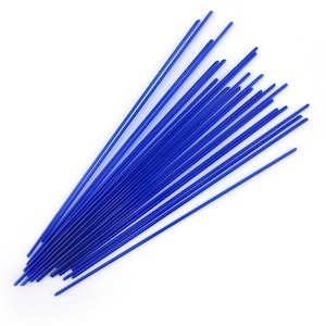 May include: A bundle of blue glass rods, approximately 12 inches long, for use in glassblowing or other craft projects.