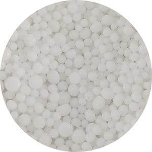 May include: A collection of numerous smooth, opaque white glass beads of varying sizes, arranged in a dense cluster. Each bead features a rounded, polished surface that reflects light, creating a uniform and bright appearance across the group.