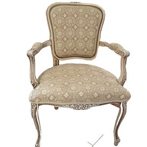 French Provincial Accent Chair – Upholstered Armchair with Carved Wood Frame