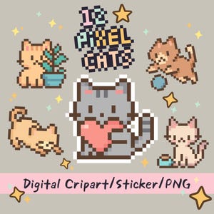 12 Pixel Cats – 8-Bit Cat Sticker, Retro Pixel Art Cats for Planners, Journals, Scrapbooking & Digital Use, Printable PNG, Cat Lovers.