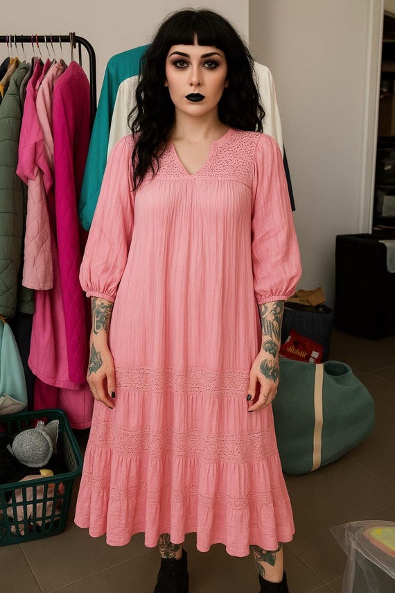 Vintage Pink Boho Midi Dress W/ Crochet Lace & Ruffle Hem - Etsy