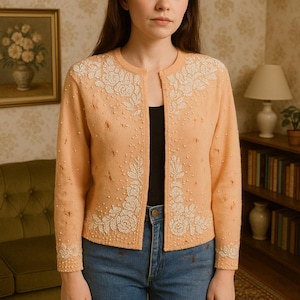 Vintage 50s Peach Beaded Cardigan Sweater Eagle Hong Kong Lambswool Angora