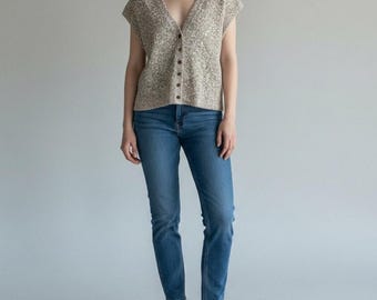 Vintage jaren 90 beige gespikkelde gebreide sweater/vest met knoopsluiting, minimalistisch, maat M