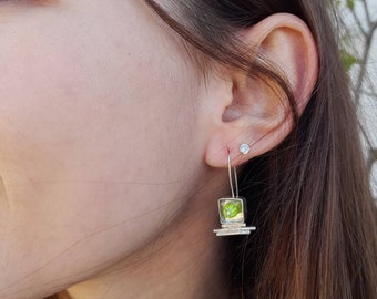 Fused Glass Earrings. Flower Earrings. Millefiori Glass Earrings. Green Earrings. Green Fused Glass Earrings. Sterling Silver And Glass.