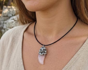 Natural Rose Quartz Pendant – Organic Pewter Cap, Boho Love Amulet. Tusk Pendant.