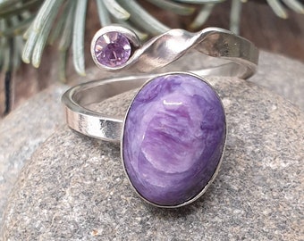 Anel Charoite feito à mão em prata esterlina com cristal Swarovski