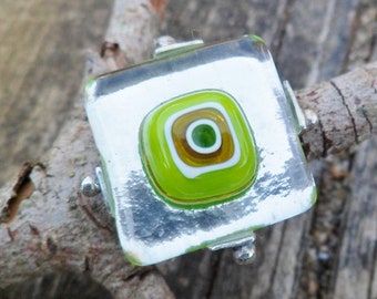Fused Glass. Green Glass Ring. Handmade Fused Glass Ring. Adjustable Ring. Sterling Silver Ring. Murano Glass Ring.