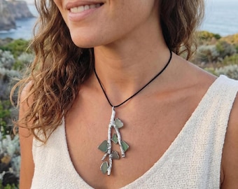Pewter Pine Branch and Green Sea Glass Pendant, Genuine Green Tone Beach Glass Necklace, Organic Nature Jewelry, Unique Eco Gift